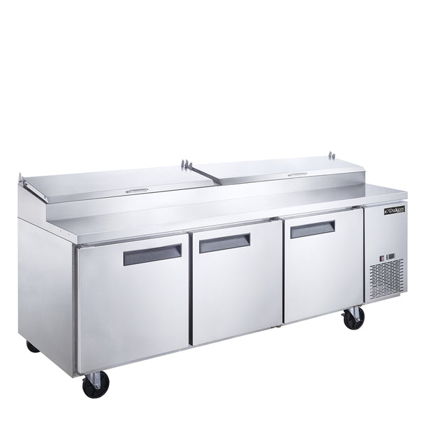 Dukers DPP90 90’’ Commercial Refrigerated 3 Door Pizza Prep Table 12 1/3 Pan Capacity